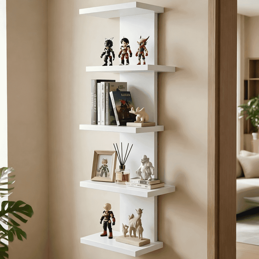 5 Tier Asymmetric Floating Wall Shelf, White Modern Storage Organizer for Bedroom & Living Room