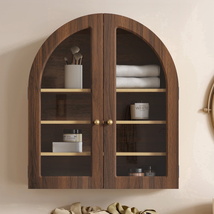 EYYTHUNG Modern Arched Wall Cabinet, Farmhouse Bathroom Storage Cabinet Large Medicine Cupboard with Adjustable Shelf, Brown Oak