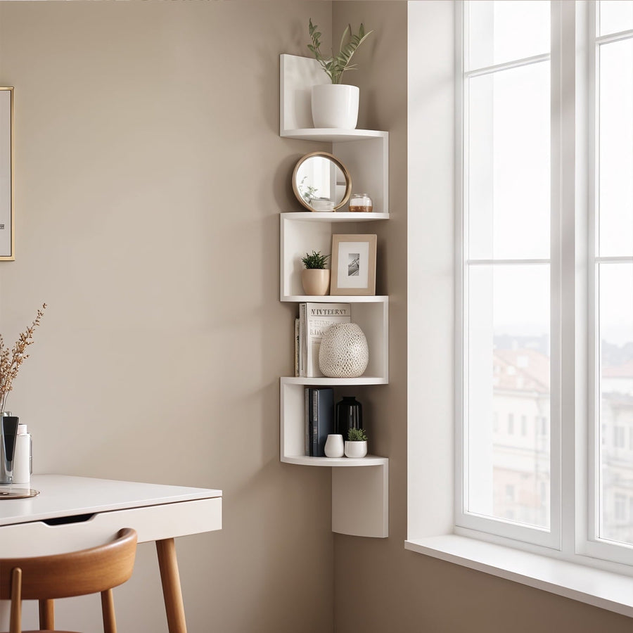 LEDREM Floating Corner Shelf - 5-Tier Wall Mount Bookshelf, Space-Saving Design, 13.2lb Capacity per Shelf, Cloud White