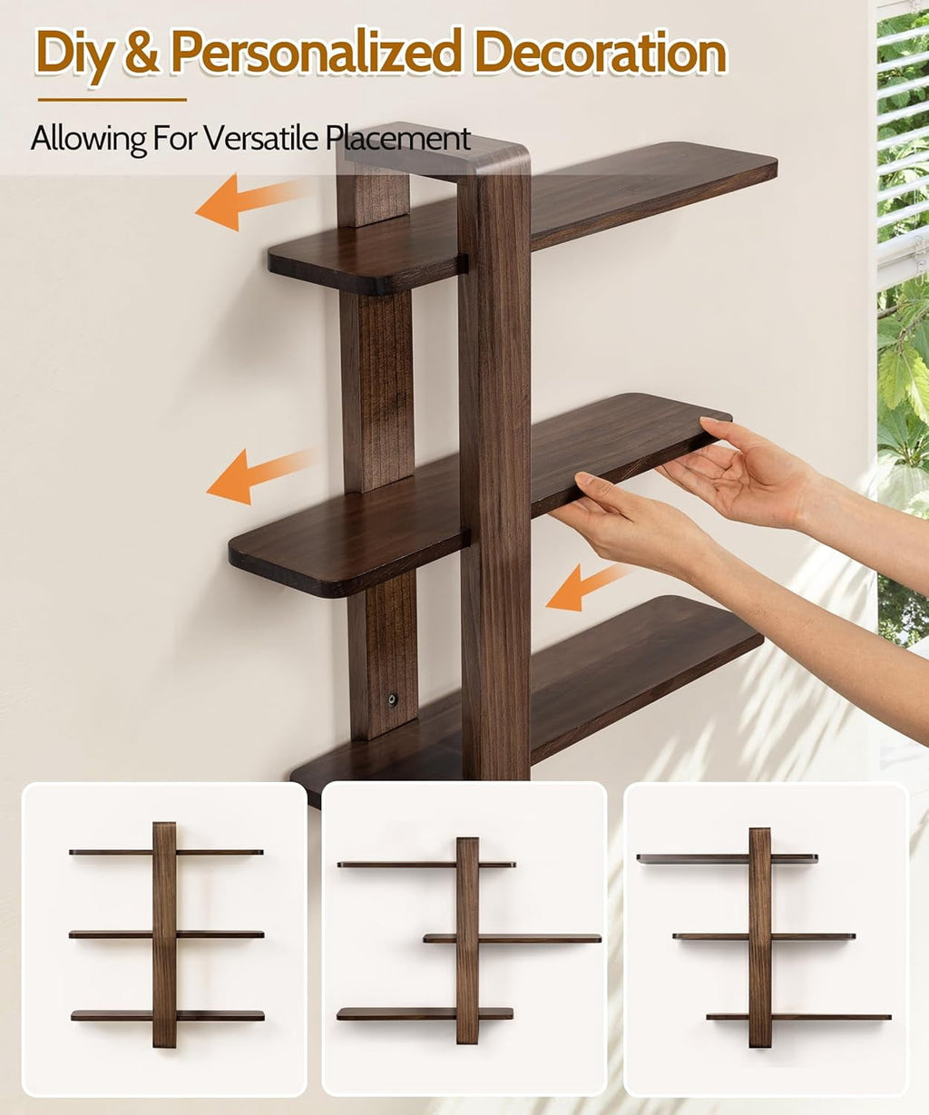 Gronda Walnut Floating Shelves for Living Room Bathroom Bedroom, Mid Century Modern Wood Wall Shelves, 3 Tier Adjustable Plant Wall Shelf, 20 Inch