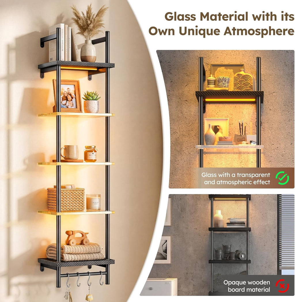 HZAT LED Floating Shelves, 5-Tier Glass Wall Shelf, Display Shelves for Living Room Gaming Room Bedroom, Carbon Fiber Black