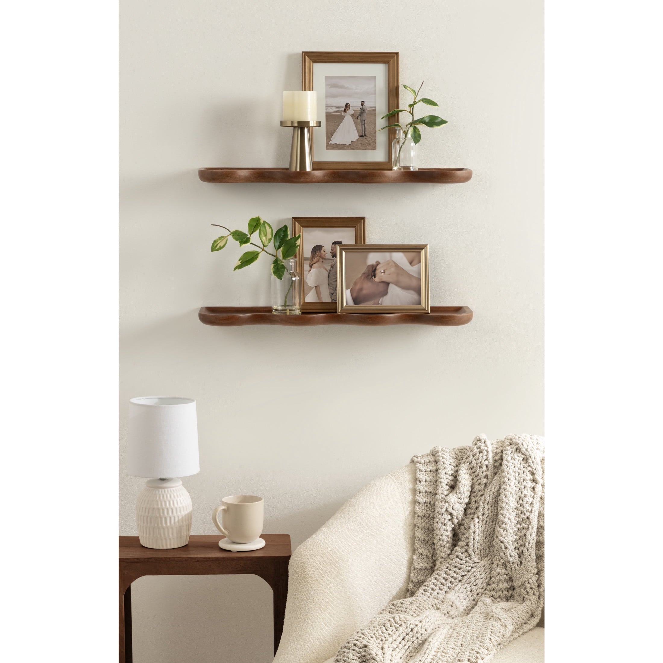 Kate and Laurel Alezar Modern Scalloped Mango Wood Floating Shelves, Set of 2, 24 x 6, Walnut Brown, Functional Wavy Bathroom and Kitchen Shelves for Storage and Display