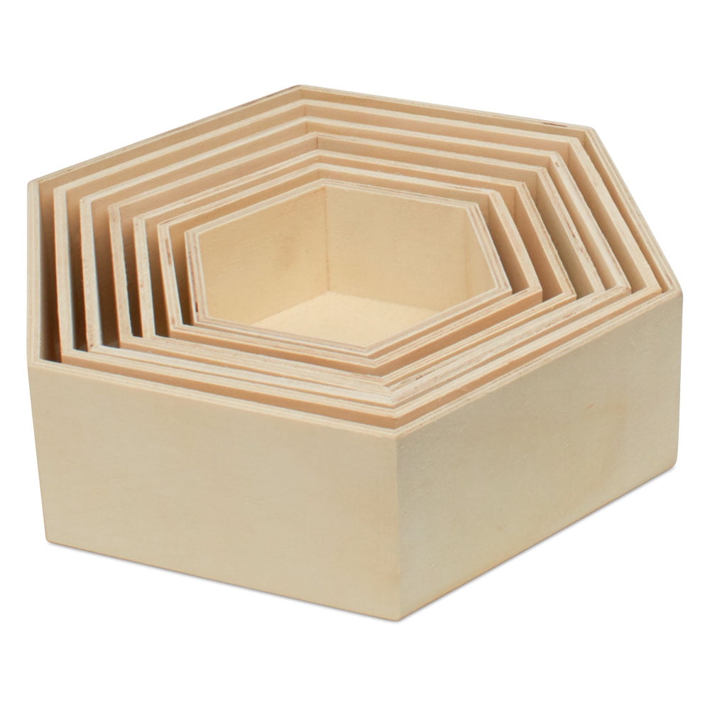 Wooden Hexagon Floating Shelves with Backs, 2 Sets of 7, Unfinished for Crafts and DIY Wall Décor: Modern, Geometric, Rustic, or Honeycomb, by Woodpeckers
