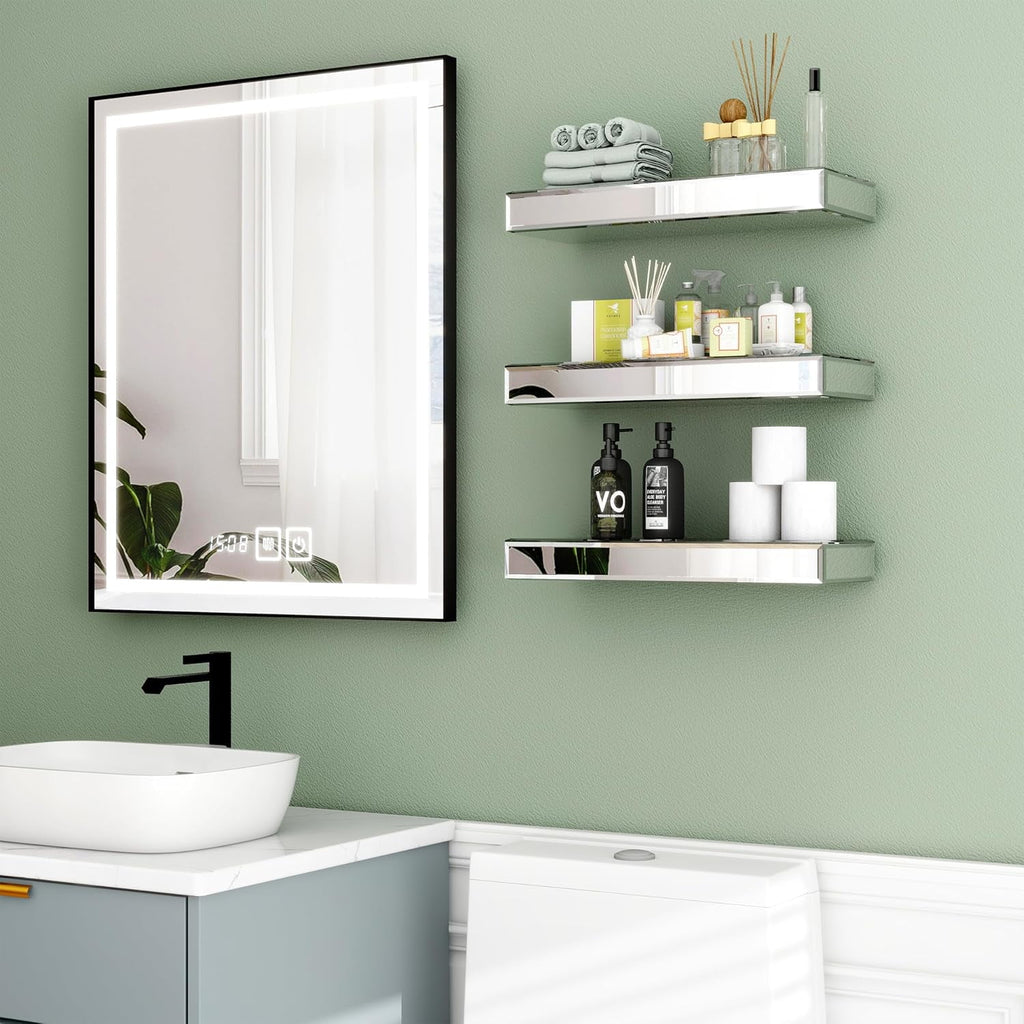 SHYFOY Mirrored Floating Shelves for Wall Set of 3 Glass Wall Shelves for Bathroom Decor, Wall Mounted Shelves for Living Room Kitchen
