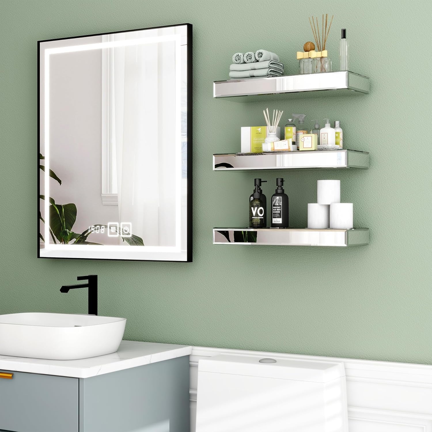 SHYFOY Mirrored Floating Shelves for Wall Set of 3 Glass Wall Shelves for Bathroom Decor, Wall Mounted Shelves for Living Room Kitchen