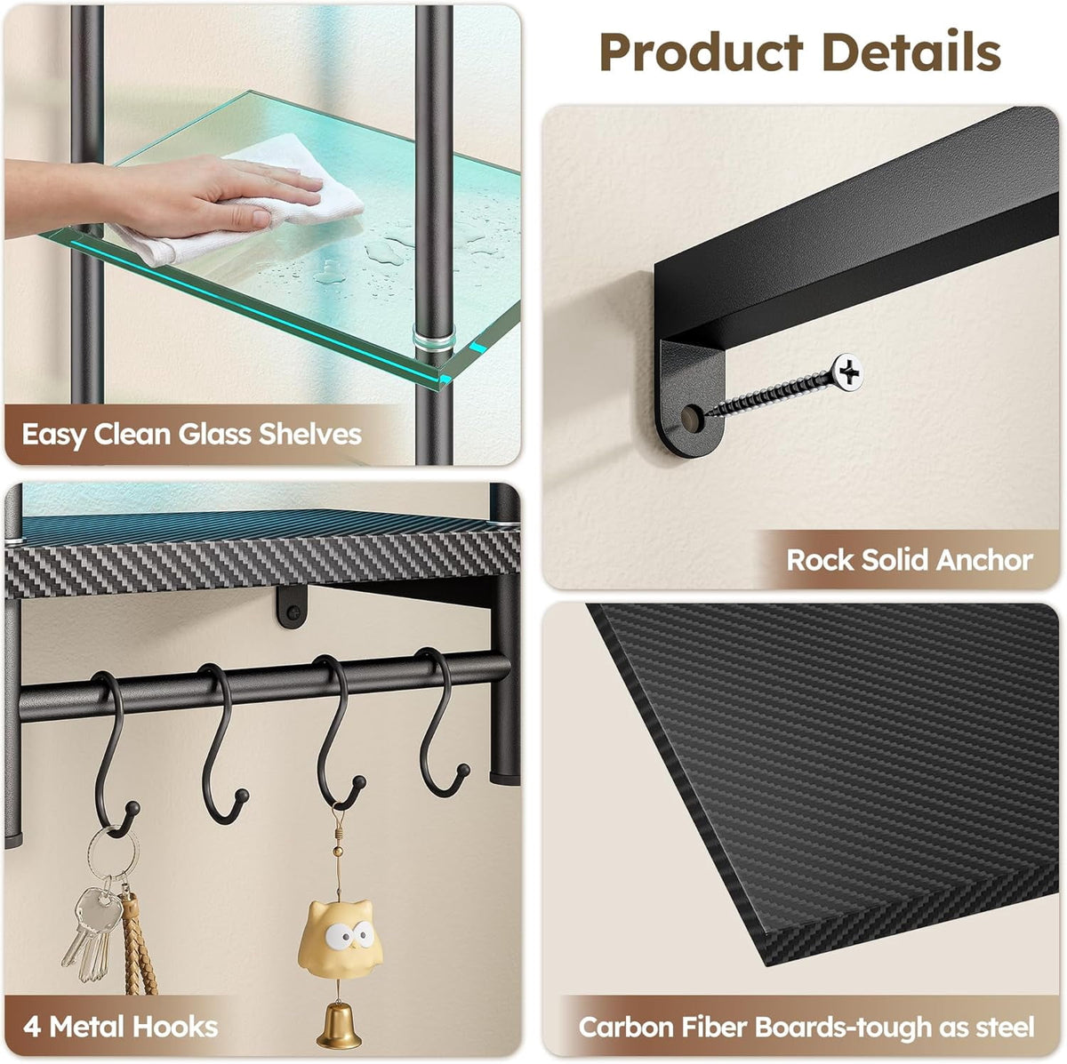 HZAT LED Floating Shelves, 5-Tier Glass Wall Shelf, Display Shelves for Living Room Gaming Room Bedroom, Carbon Fiber Black