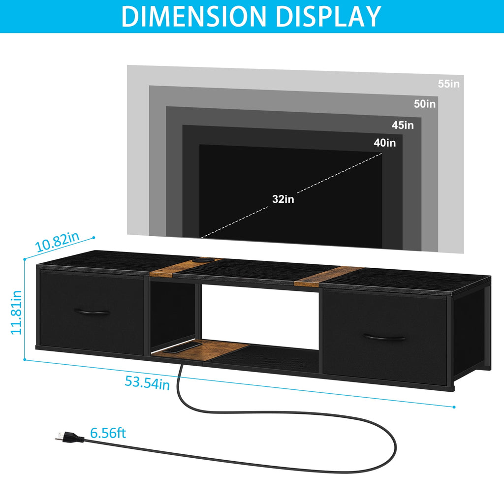 Wall Mounted Floating TV Stand with Power Outlets & Drawers, Modern Entertainment Center with USB Ports for Living Room, Bedroom, Black