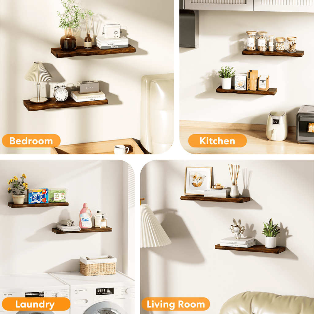 Lipa 24 Inch 2 Pack Floating Shelves for Wall,Farmhouse Live Edge Shelf,Living Room Bedroom Kitchen,Walnut