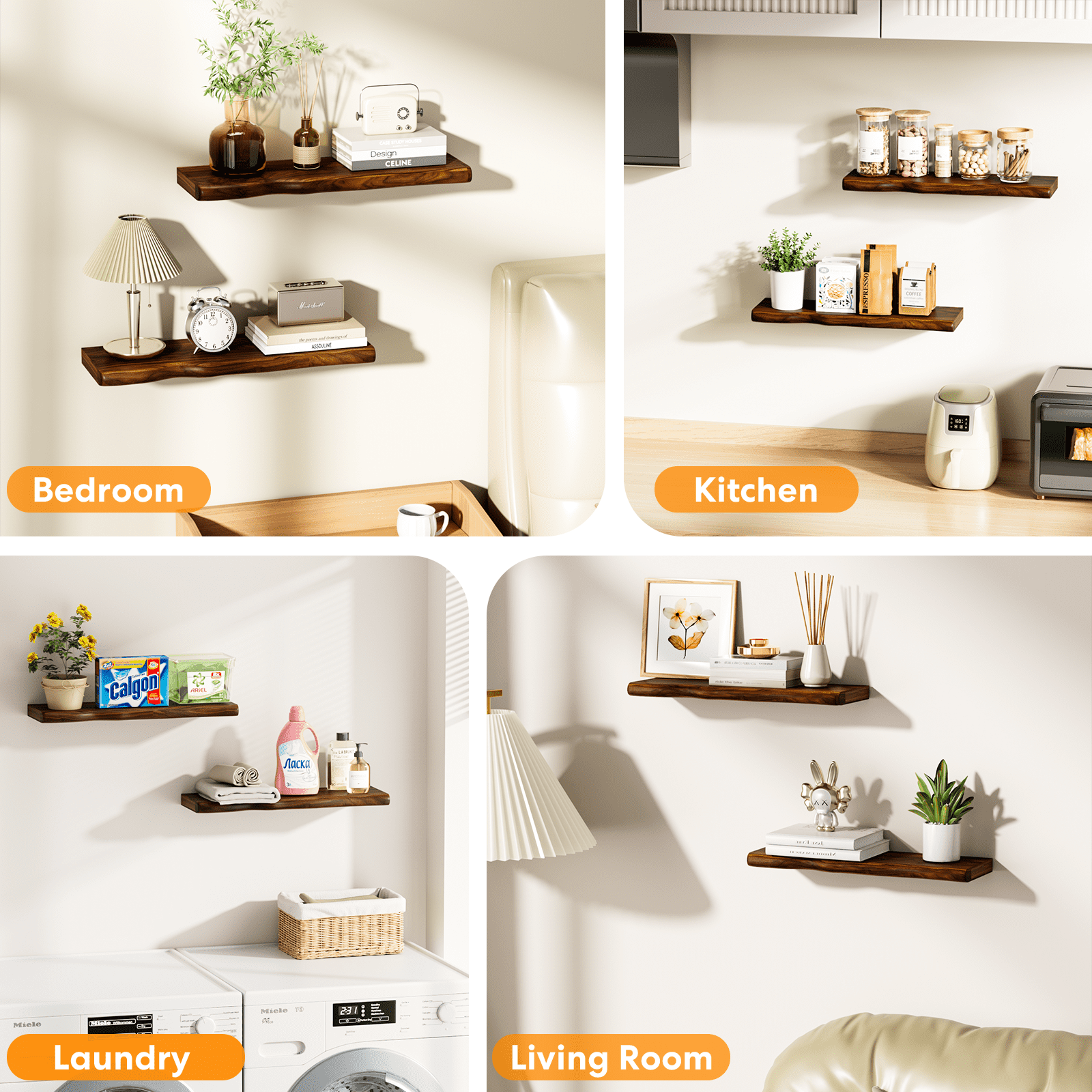 Lipa 24 Inch 2 Pack Floating Shelves for Wall,Farmhouse Live Edge Shelf,Living Room Bedroom Kitchen,Walnut