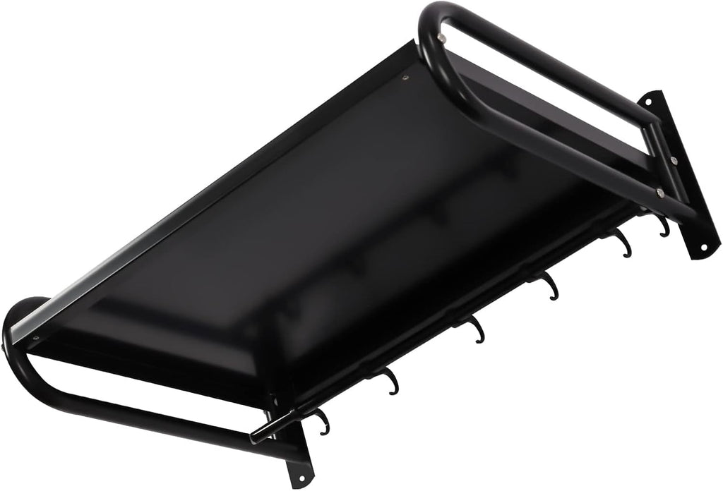 Miumaeov 20 x 15'' Carbon Steel Wall Shelf with 6 Hooks Wall Mounted Rack for Microwave or Household Grade Wall Mount Shelf with Fixing Kit Multifunctional Floating Shelves (Black)