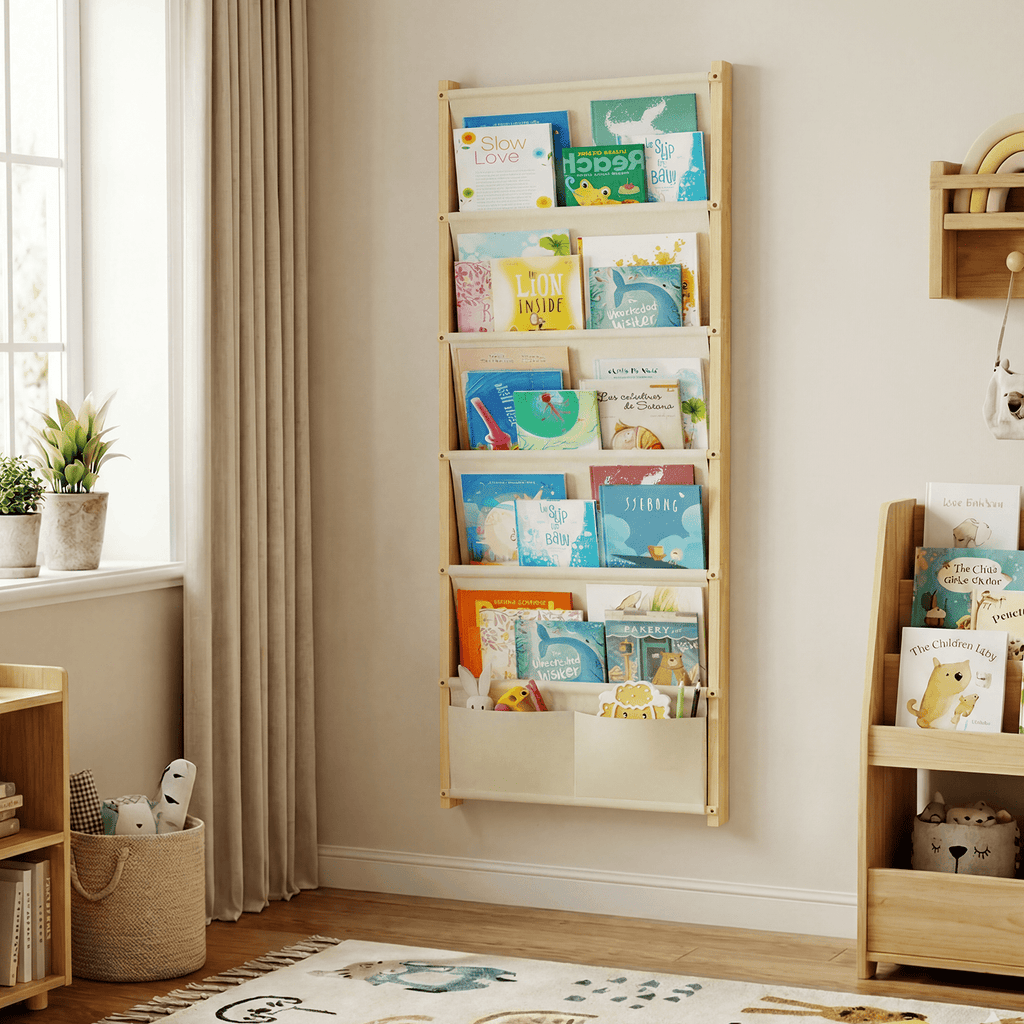 Wood 6-Tier Wall Mounted Kids Bookshelf – Floating Book Shelf For Kids Rooms,Nursery & Classroom, Hanging Bookcase Organizer For Books, Toddler Book Shelf, Montessori Bookshelf, Nursery Shelves