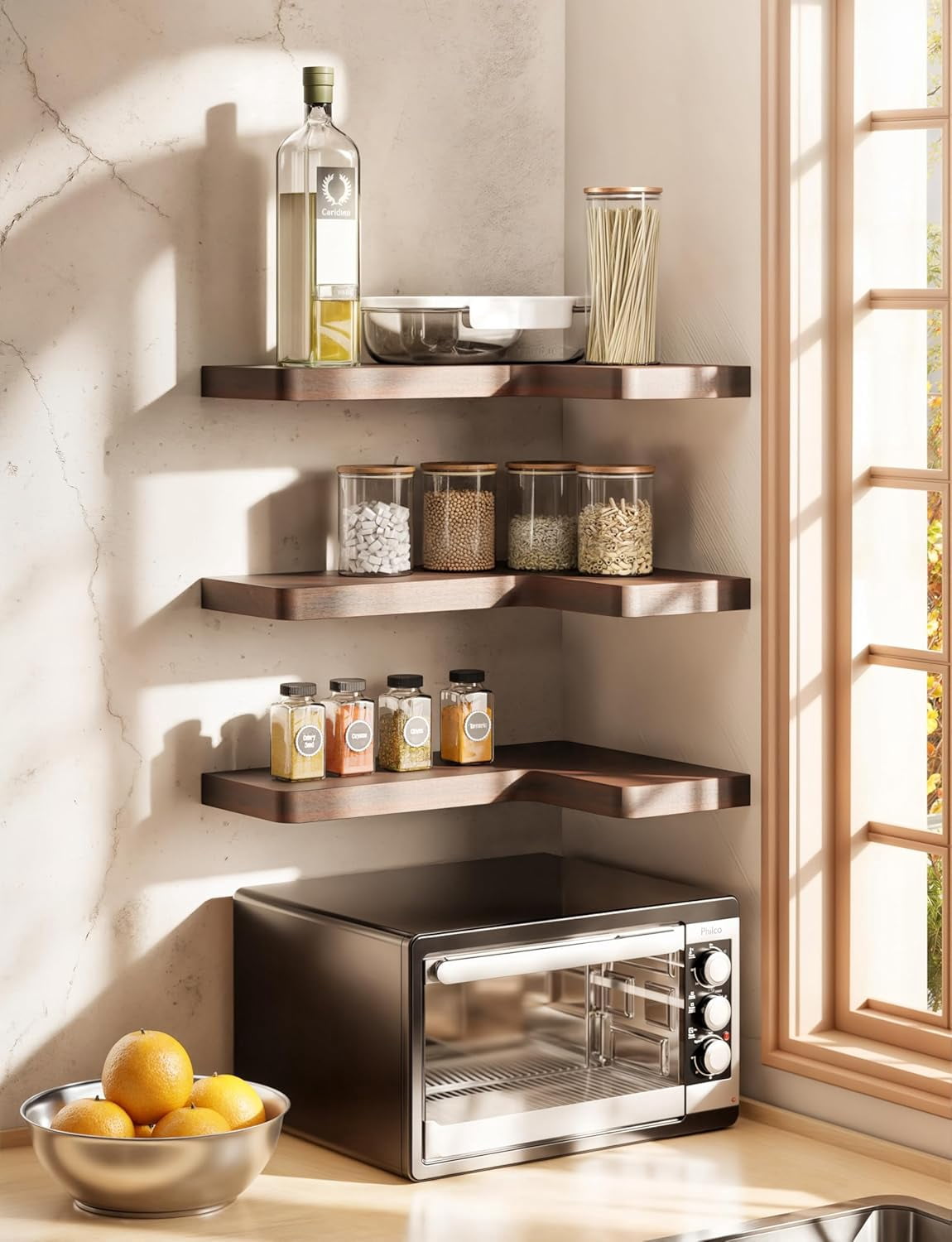 TIDITA Acacia Wood Corner Floating Shelf 17” x 12”- Corner Shelf Wall Mounted - Floating Book Shelves for Wall - Corner Shelf for Home, Kitchen - with Brackets and Hardware (Walnut Color, 17" x 12")