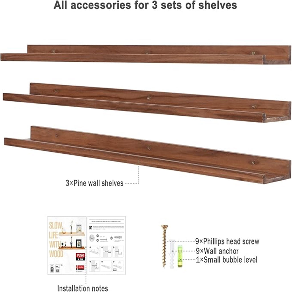 48 Inch Long Floating Shelves Wall Mounted Light Walnut Narrow Photo Picture Ledge Shelves Set of 3 Nursery Book Shelves Photo Frames Display Shelves Kitchen Spice Rack