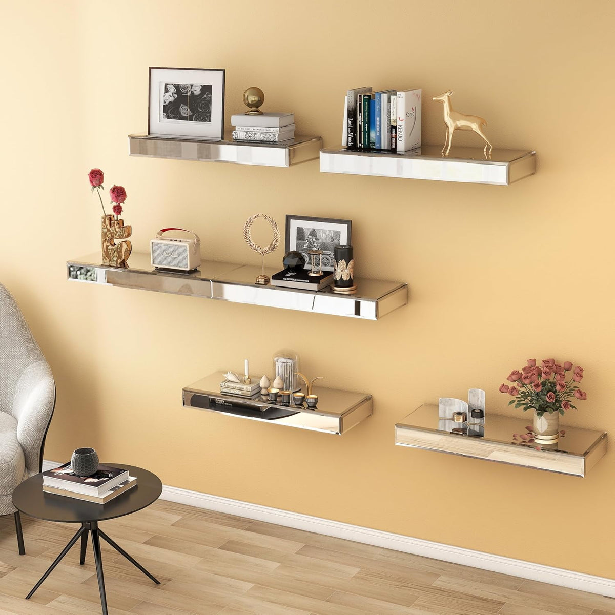 SHYFOY Mirrored Floating Shelves for Wall Set of 3 Glass Wall Shelves for Bathroom Decor, Wall Mounted Shelves for Living Room Kitchen