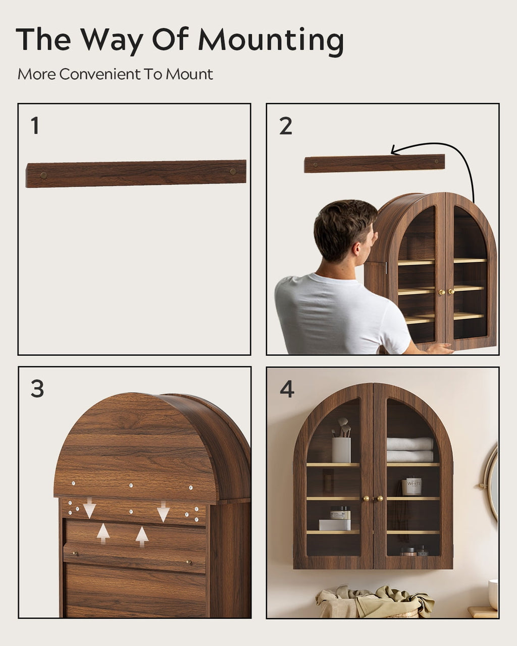 EYYTHUNG Modern Arched Wall Cabinet, Farmhouse Bathroom Storage Cabinet Large Medicine Cupboard with Adjustable Shelf, Brown Oak