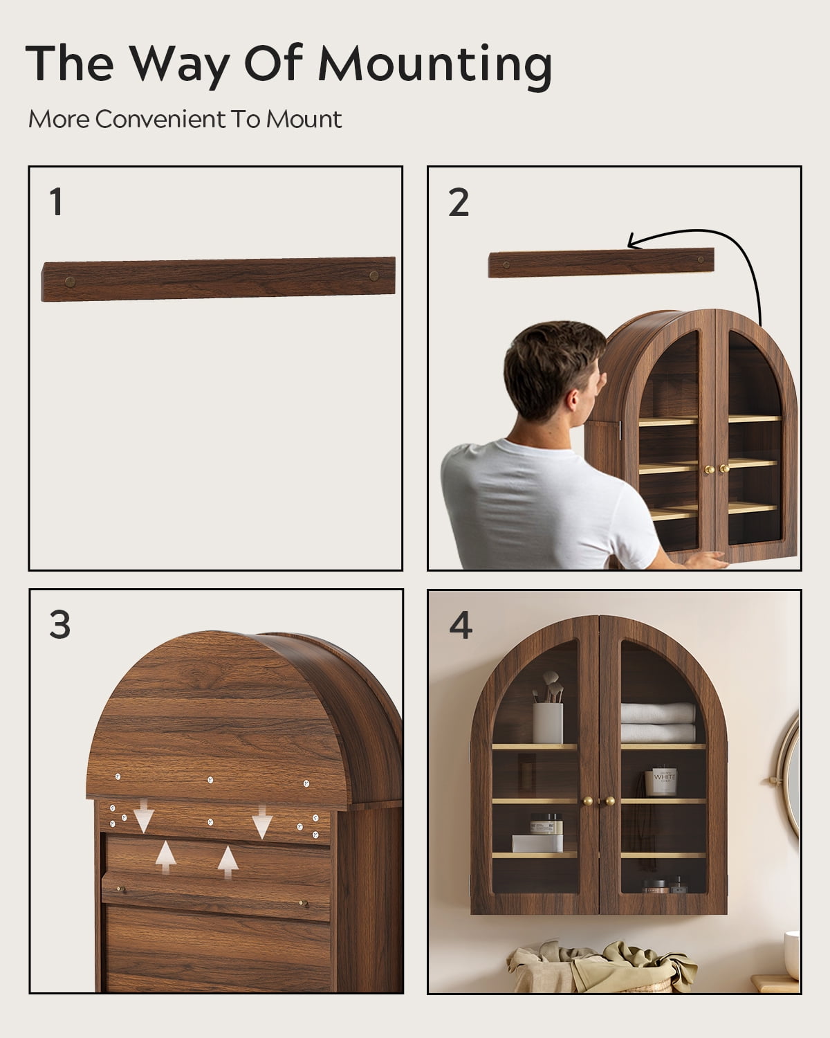EYYTHUNG Modern Arched Wall Cabinet, Farmhouse Bathroom Storage Cabinet Large Medicine Cupboard with Adjustable Shelf, Brown Oak