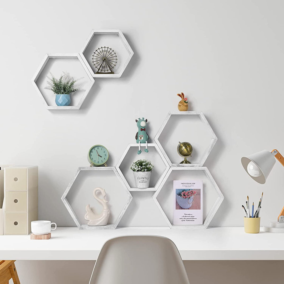 Hexagon Floating Shelves Set of 6 Honeycomb Shelves for Wall, Gray White