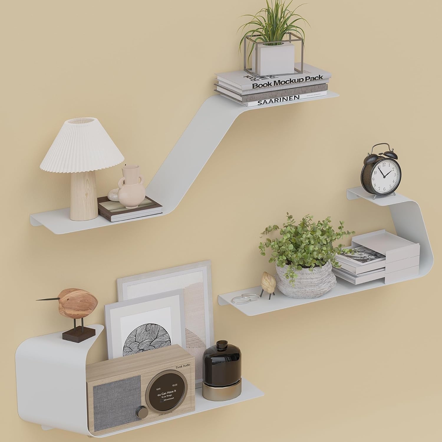 Sttoraboks Floating Shelves, Wall Shelf, Set of 3 Wall Mounted Metal Shelves with DIY Design for Wall Storage,White