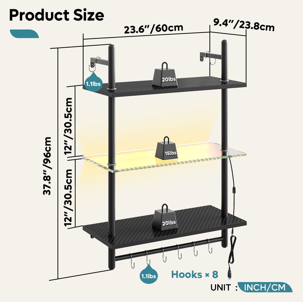 Bestier 23" Floating Shelves for Wall with LED Light 3-Tier Wall-Mounted Wood Shelves with 8 S-Hooks, Black Carbon Fiber