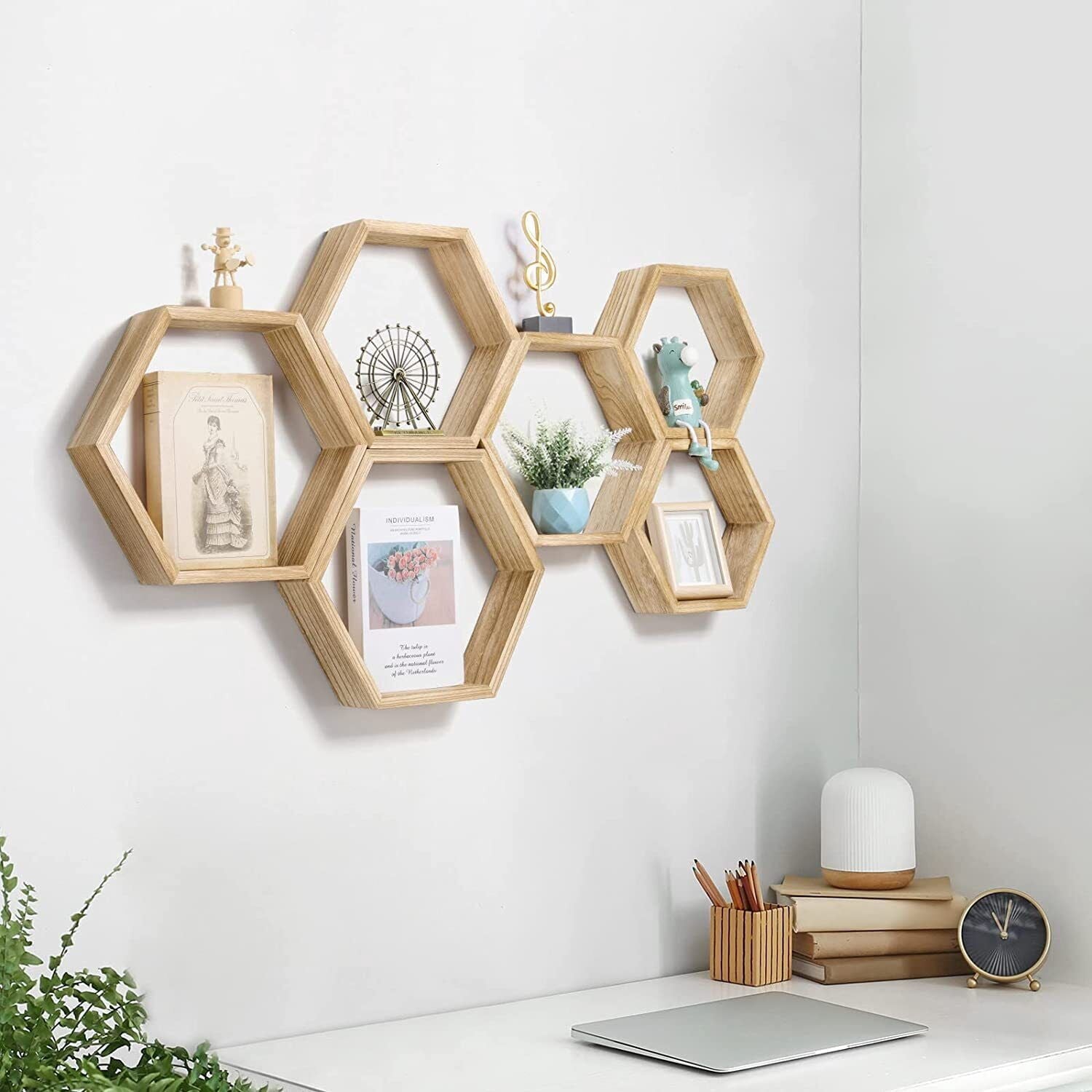 HexaHome 11.3” x 14.8” Rustic Floating Shelves 6-Tier Honeycomb Wood (6 Count)