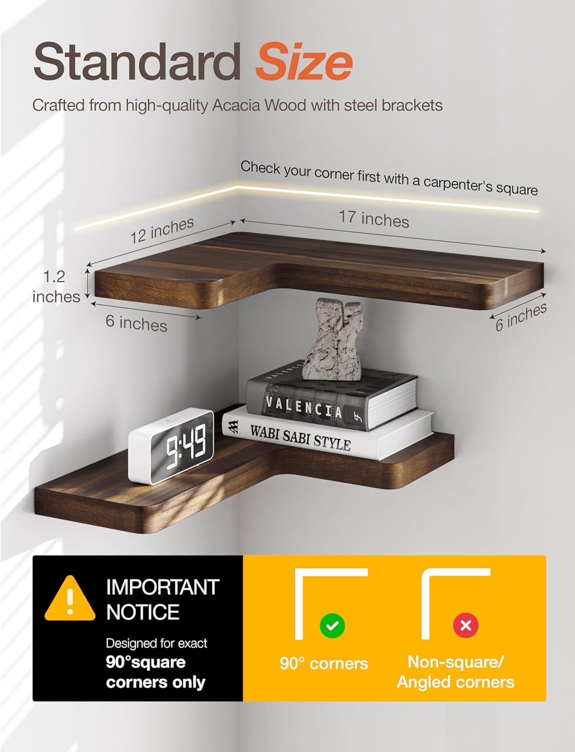 TIDITA Acacia Wood Corner Floating Shelf 17” x 12”- Corner Shelf Wall Mounted - Floating Book Shelves for Wall - Corner Shelf for Home, Kitchen - with Brackets and Hardware (Walnut Color, 17" x 12")