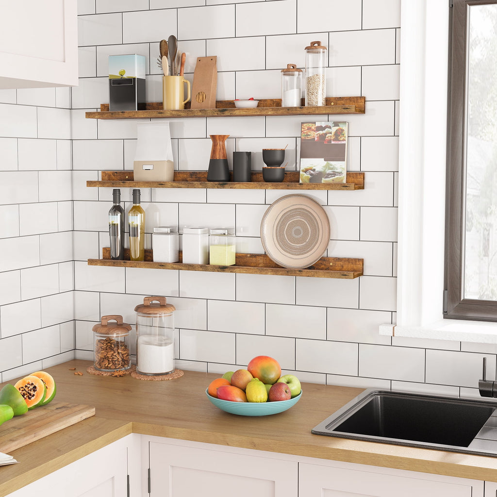HOOBRO Set of 3 35.4-Inch Floating Wall Shelves with Raised Edge & Invisible Brackets, Rustic Brown