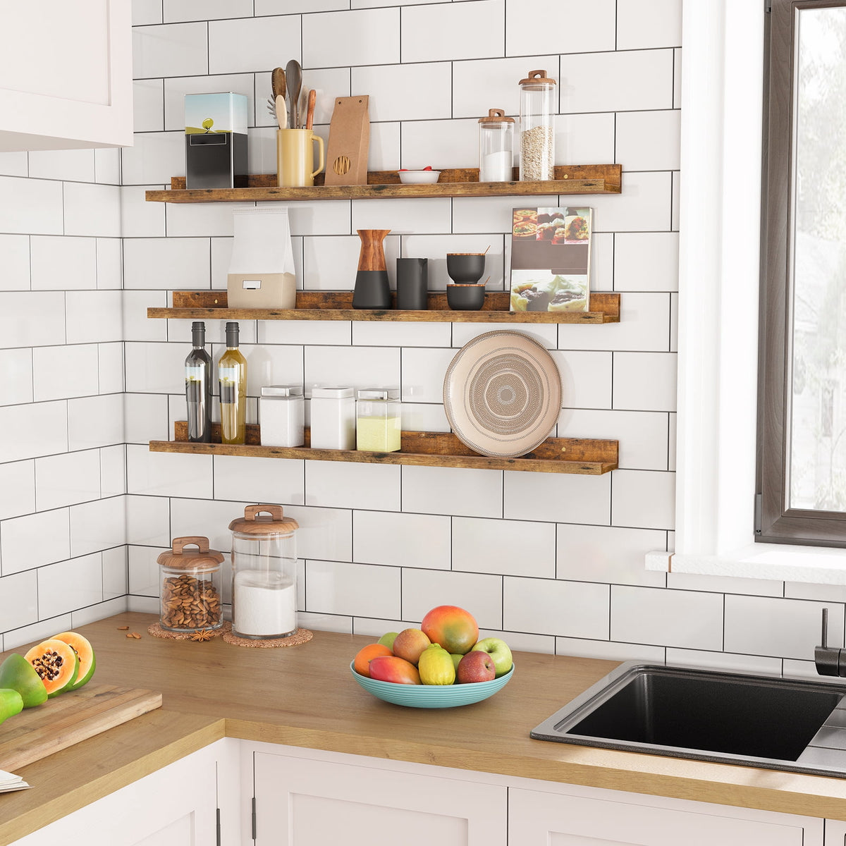 HOOBRO Set of 3 35.4-Inch Floating Wall Shelves with Raised Edge & Invisible Brackets, Rustic Brown