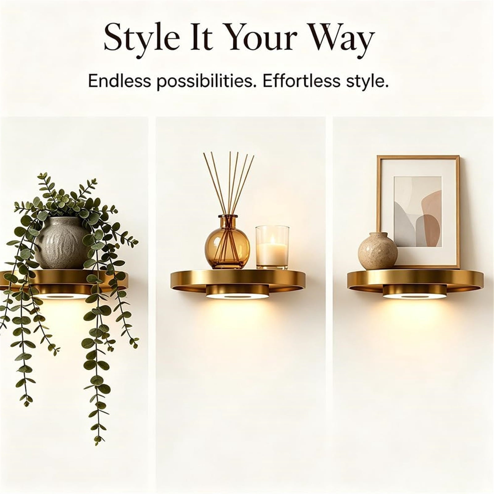 Floating Wall Shelf with Built-in Ambient LED Light, LED Metallic Texture Floating Shelves, Invisible Bracket Hanging Display Rack for Home, Bedroom, Living Room Decor ,3pcs