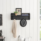 Entryway Floating Utility Wall Shelf with Hooks - Wall Mounted - Black