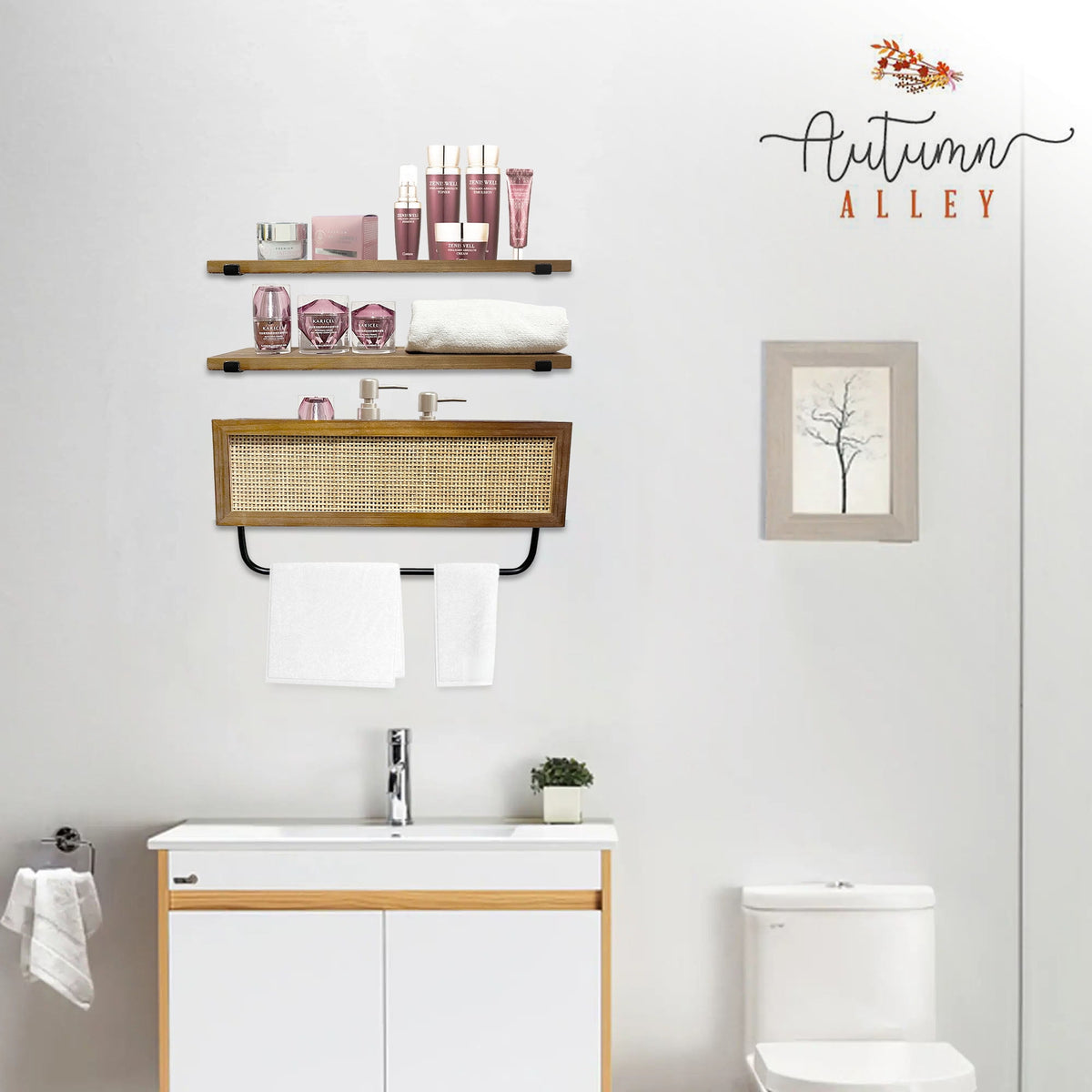 Autumn Alley Farmhouse Floating Shelves for Bathroom – Above Toilet Shelves with Rattan Basket Caning Organizer, Wood Floating Shelf Bathroom Storage, Wall Shelves Bathroom Décor, 3 Tier