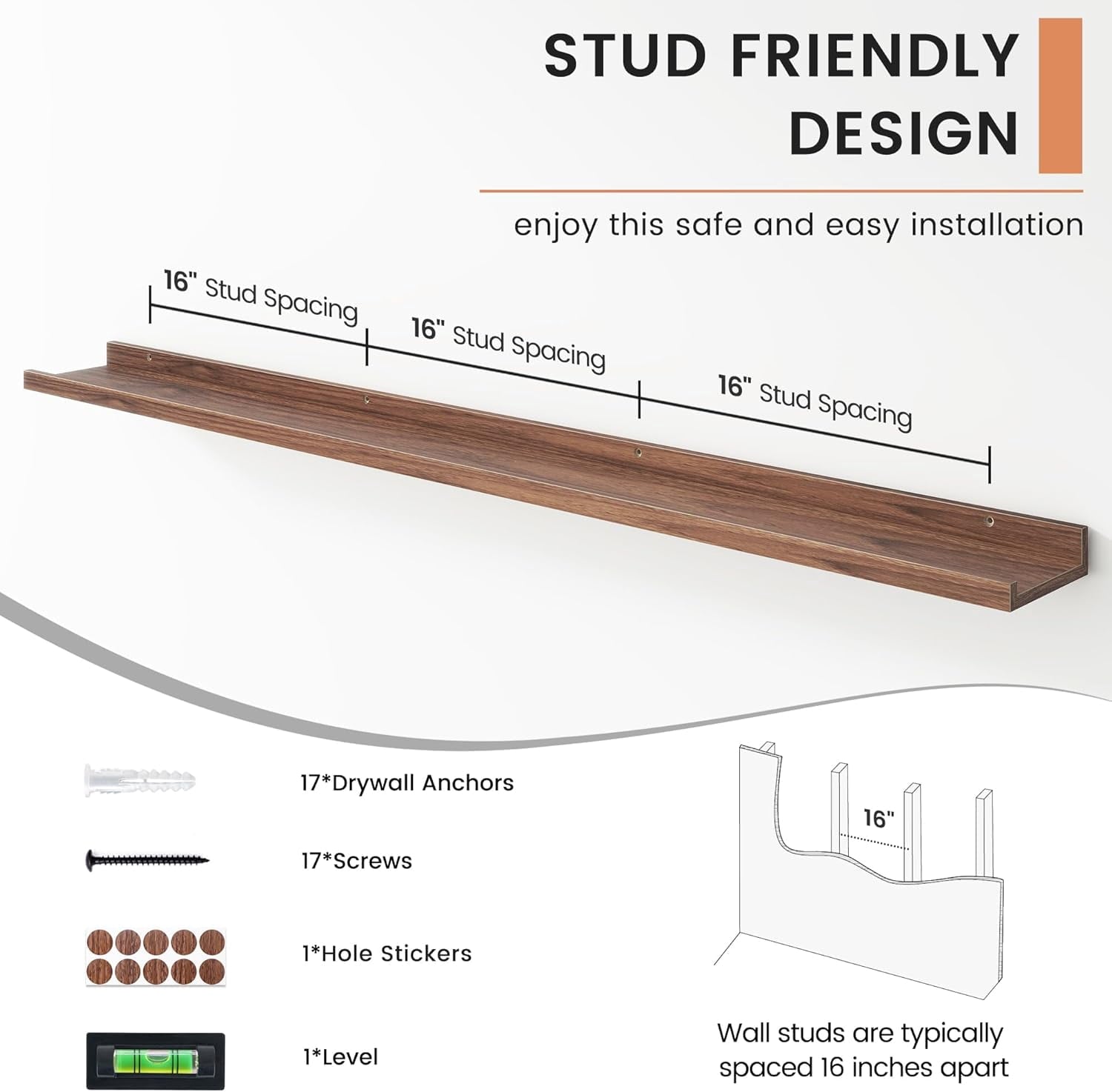 Floating Picture Ledge Shelves for Wall Set of 4, 56 Inch Solid Wood Wall Shelves with Lip Long Large Nursery Book Shelf for Toys Storage Kids Bookshelf Wall Mounted Living Room Bedroom Decor Frames