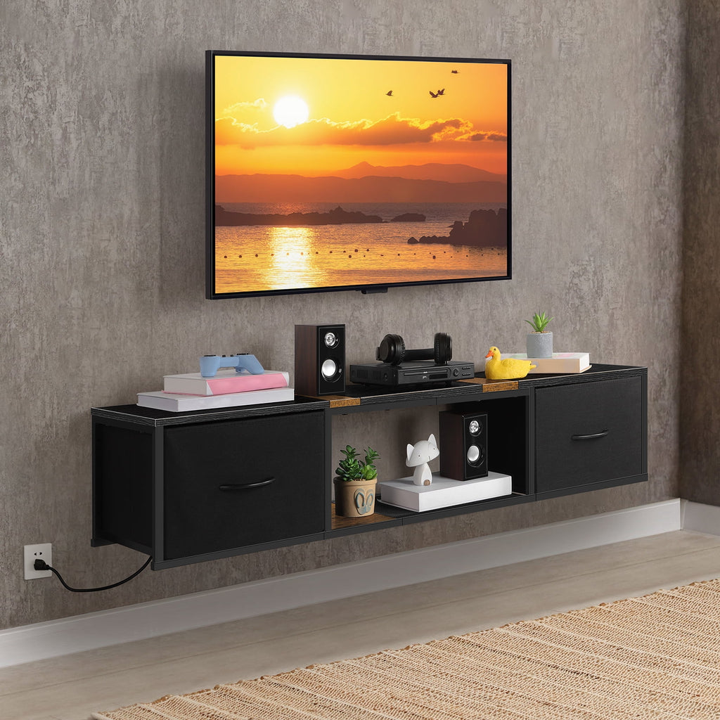 Wall Mounted Floating TV Stand with Power Outlets & Drawers, Modern Entertainment Center with USB Ports for Living Room, Bedroom, Black