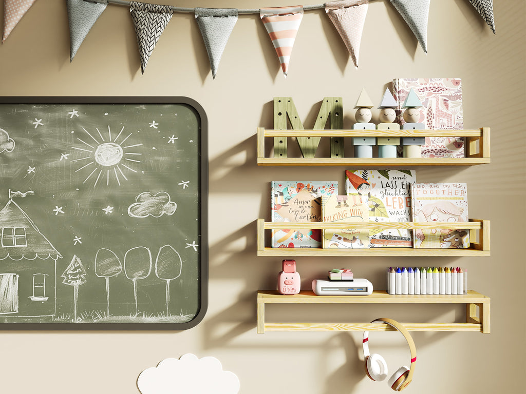 vivilife Solid Wood Floating Shelves for Nursery & Kids Room, 15.7", Walnut Brown (Set of 3)