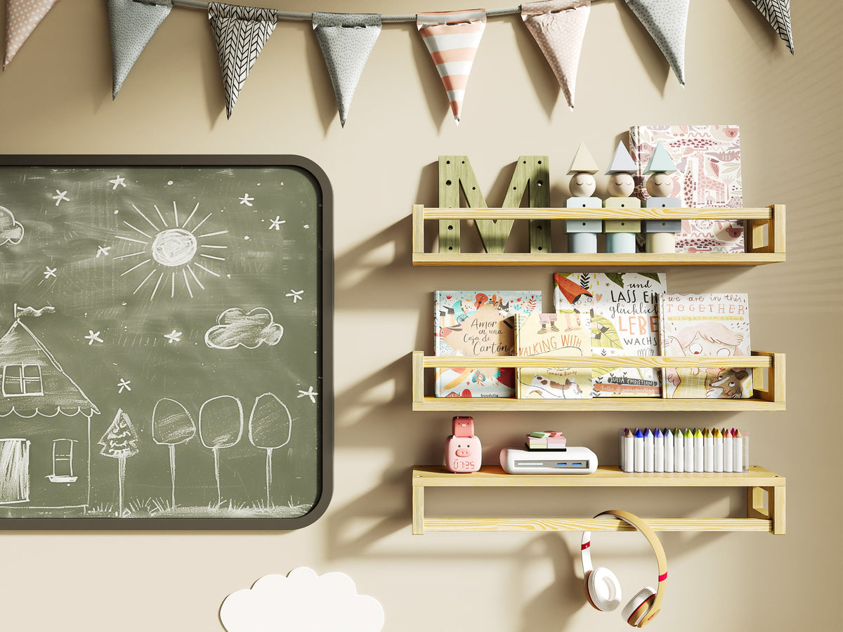 vivilife Solid Wood Floating Shelves for Nursery & Kids Room, 15.7", Walnut Brown (Set of 3)