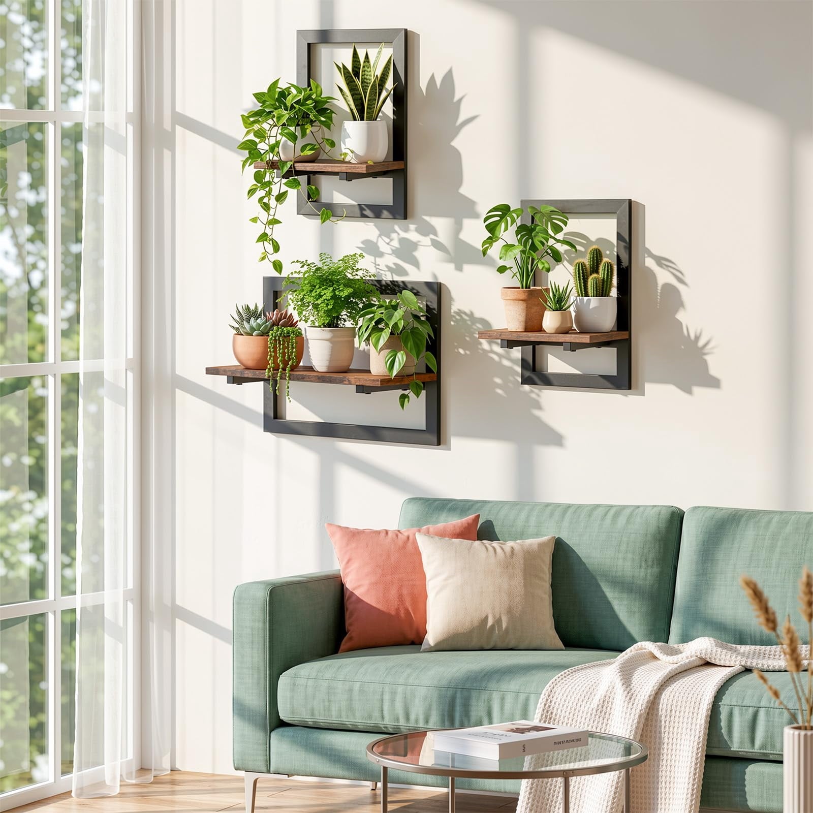 Housolution 3 Pack Floating Shelves for Wall Plant, Hanging Planter Shelf Holder for Indoor Plants, Space Saving Wall Mounted Decor for Living Room, Window, Apartment