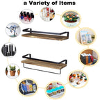 16" Wall-Mounted Floating Shelves W/Rack & Towel Bar, Home Decor 2-Tier Natural Burnt Wood Storage Shelf for Livingroom Kitchen Bedroom, Bathroom Shelves Over The Toilet