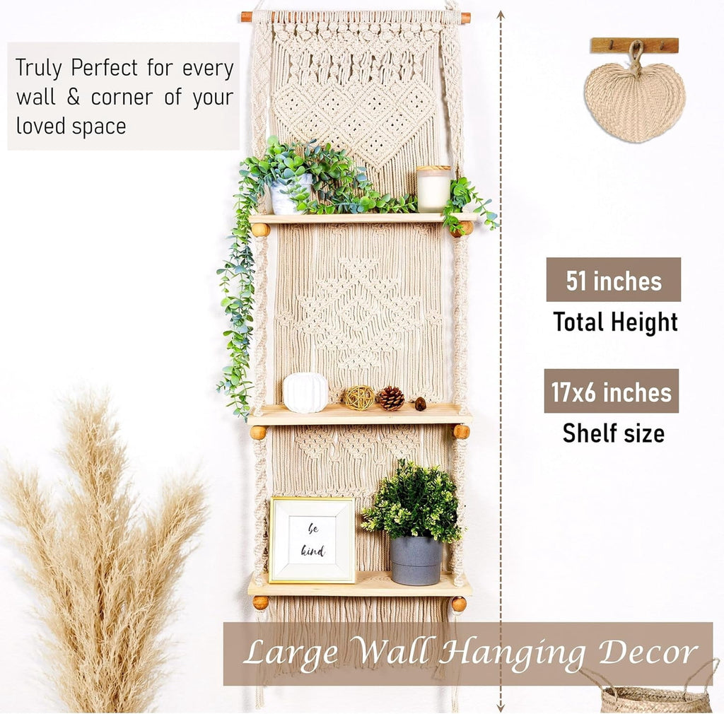 Macrame Wall Hanging Shelf 3 Tier Boho Wall Plant Hanger Shelves, Handmade of Woven Rope Boho Shelves Organizer for Living Room Bathroom Home Storage Floating Plant Rack Bohemian décor