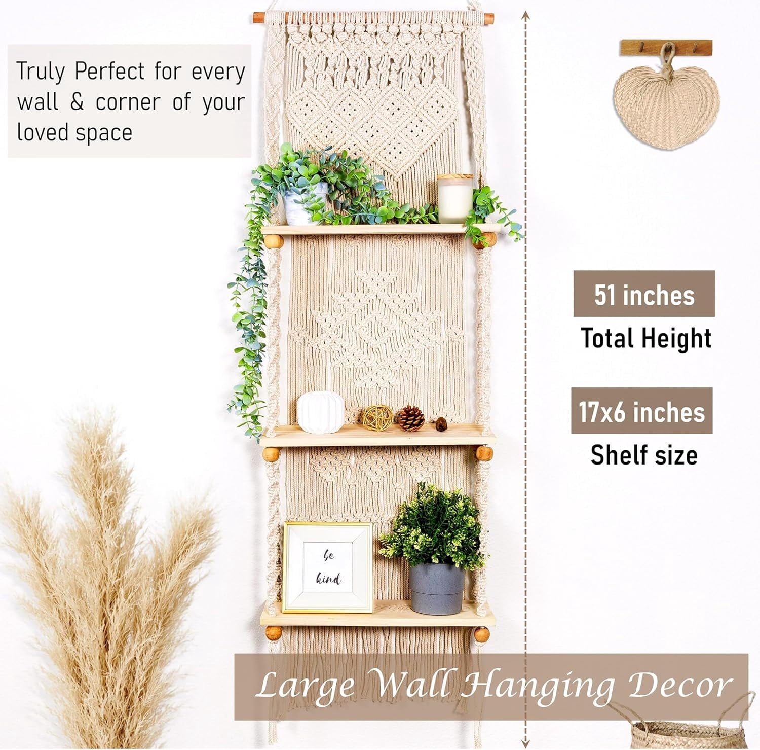 Macrame Wall Hanging Shelf 3 Tier Boho Wall Plant Hanger Shelves, Handmade of Woven Rope Boho Shelves Organizer for Living Room Bathroom Home Storage Floating Plant Rack Bohemian décor