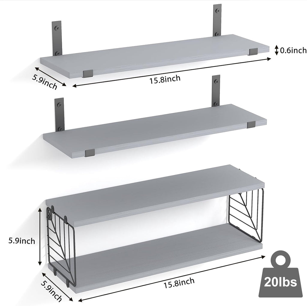 3+1 Tier Bathroom Floating Shelves Over Toilet, 15.8in Farmhouse Rustic Wood Shelves, Wall Decor for Bathroom, Living Room,Bedroom and Kitchen (Gray)