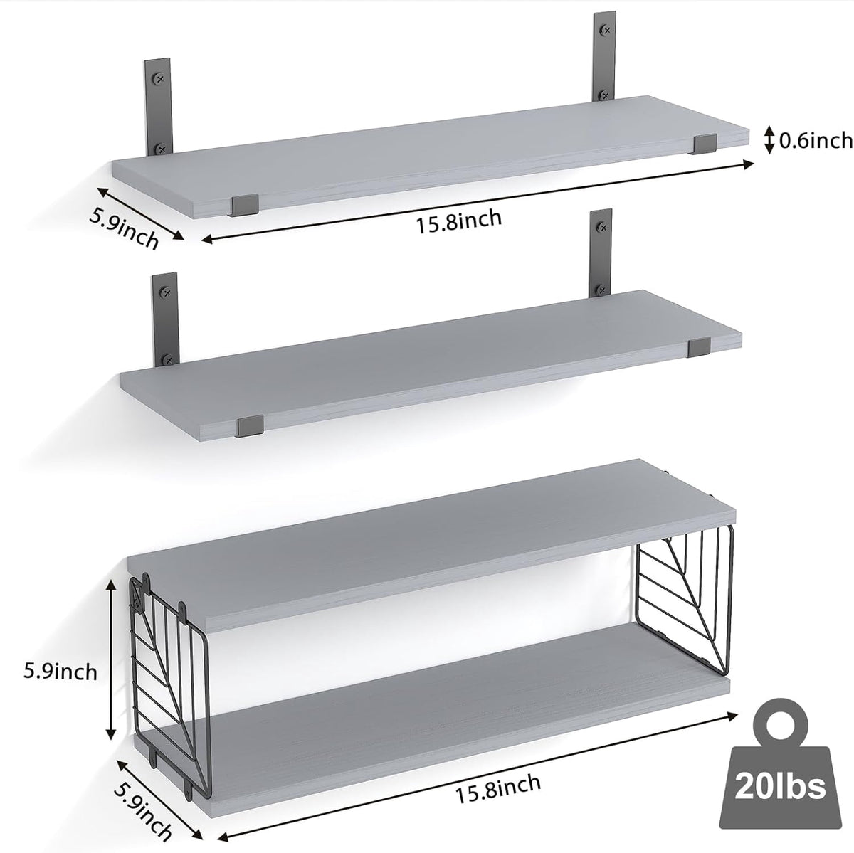 3+1 Tier Bathroom Floating Shelves Over Toilet, 15.8in Farmhouse Rustic Wood Shelves, Wall Decor for Bathroom, Living Room,Bedroom and Kitchen (Gray)
