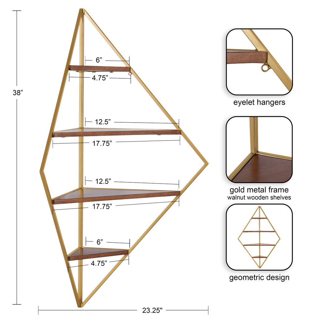 Kate and Laurel Melora Mid-Century Modern Corner Shelf, 24 x 38 x 17, Walnut and Gold, Glamorous Floating Corner Shelving with Four Shelves and Unique Geometric Shape