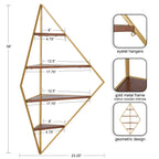 Kate and Laurel Melora Mid-Century Modern Corner Shelf, 24 x 38 x 17, Walnut and Gold, Glamorous Floating Corner Shelving with Four Shelves and Unique Geometric Shape