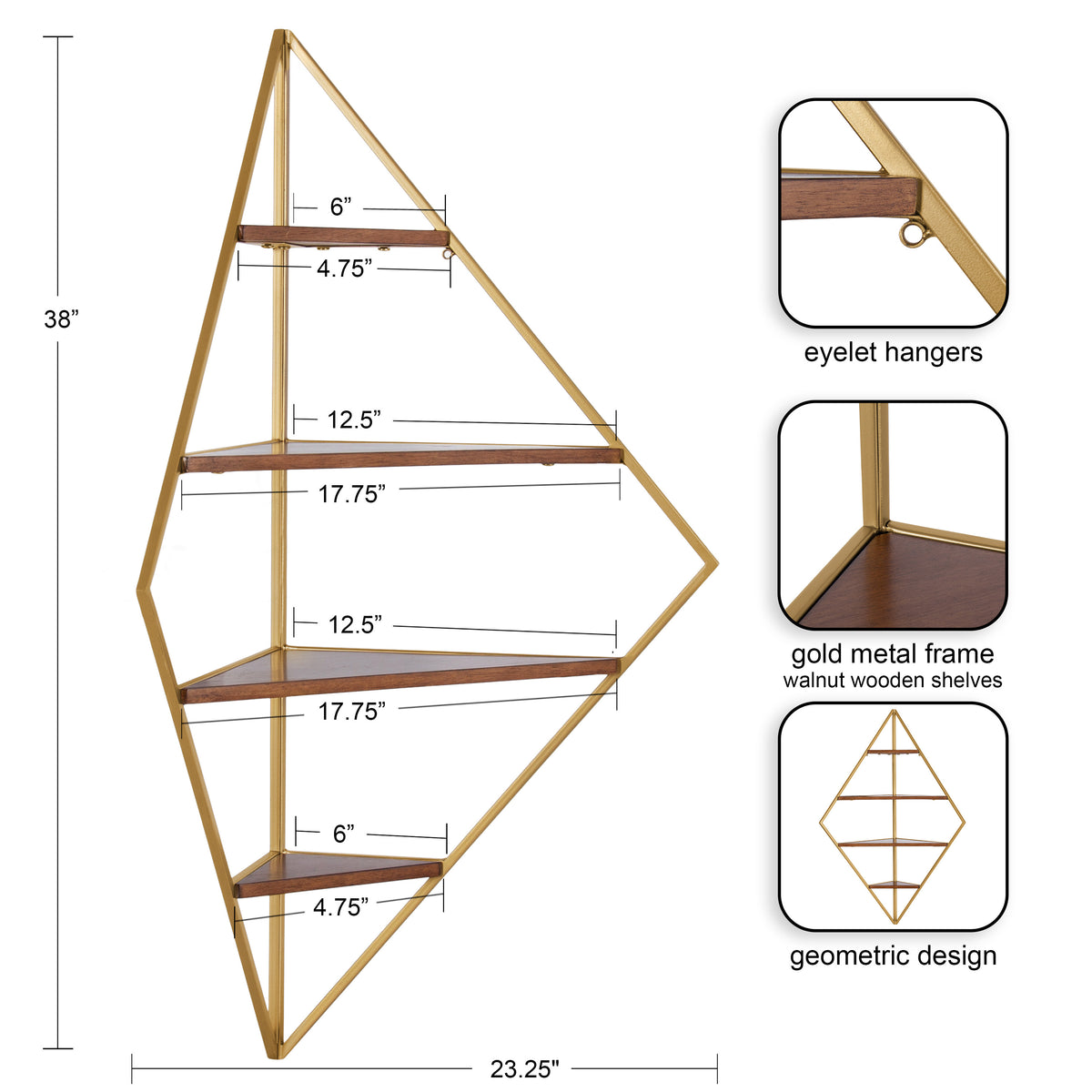 Kate and Laurel Melora Mid-Century Modern Corner Shelf, 24 x 38 x 17, Walnut and Gold, Glamorous Floating Corner Shelving with Four Shelves and Unique Geometric Shape