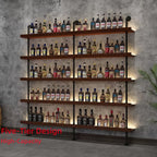 71in Industrial Wall Mounted Wine Rack, 5-Tier Rustic Metal Floating Shelves, Large Capacity Wall Bar Shelves for Liquor Bottles for Home Bar & Dining Room, Walnut(Without Lights,)
