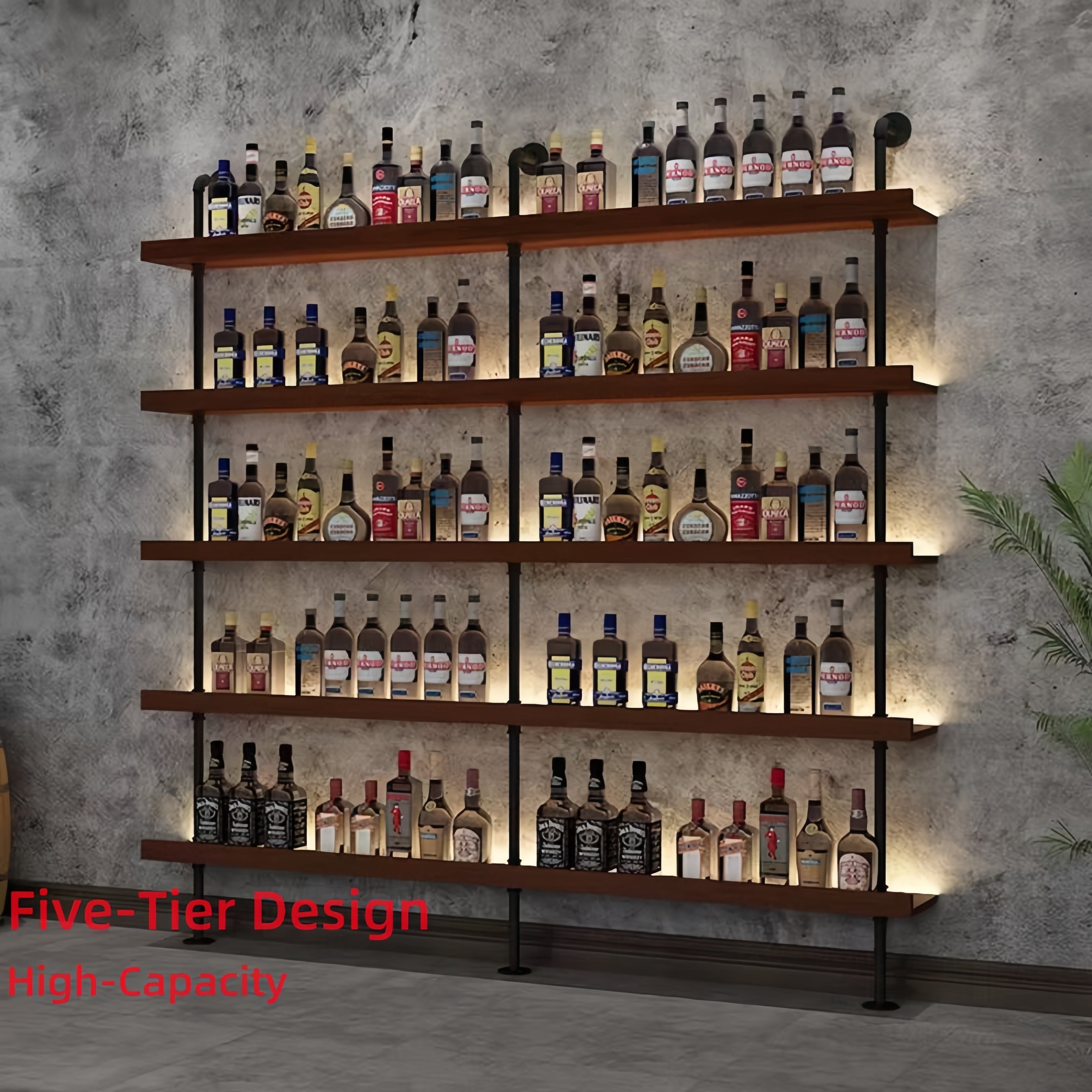 71in Industrial Wall Mounted Wine Rack, 5-Tier Rustic Metal Floating Shelves, Large Capacity Wall Bar Shelves for Liquor Bottles for Home Bar & Dining Room, Walnut(Without Lights,)