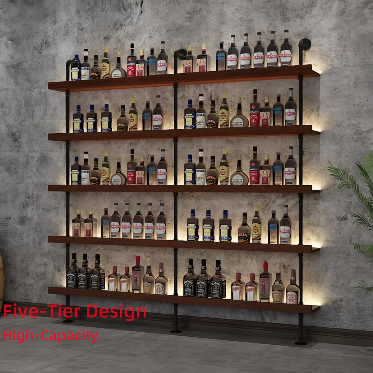 31in Industrial Wall Mounted Wine Rack, 5-Tier Rustic Metal Floating Shelves, Large Capacity Wall Bar Shelves for Liquor Bottles for Home Bar & Dining Room, Walnut(Without Lights, 80cm/31in)