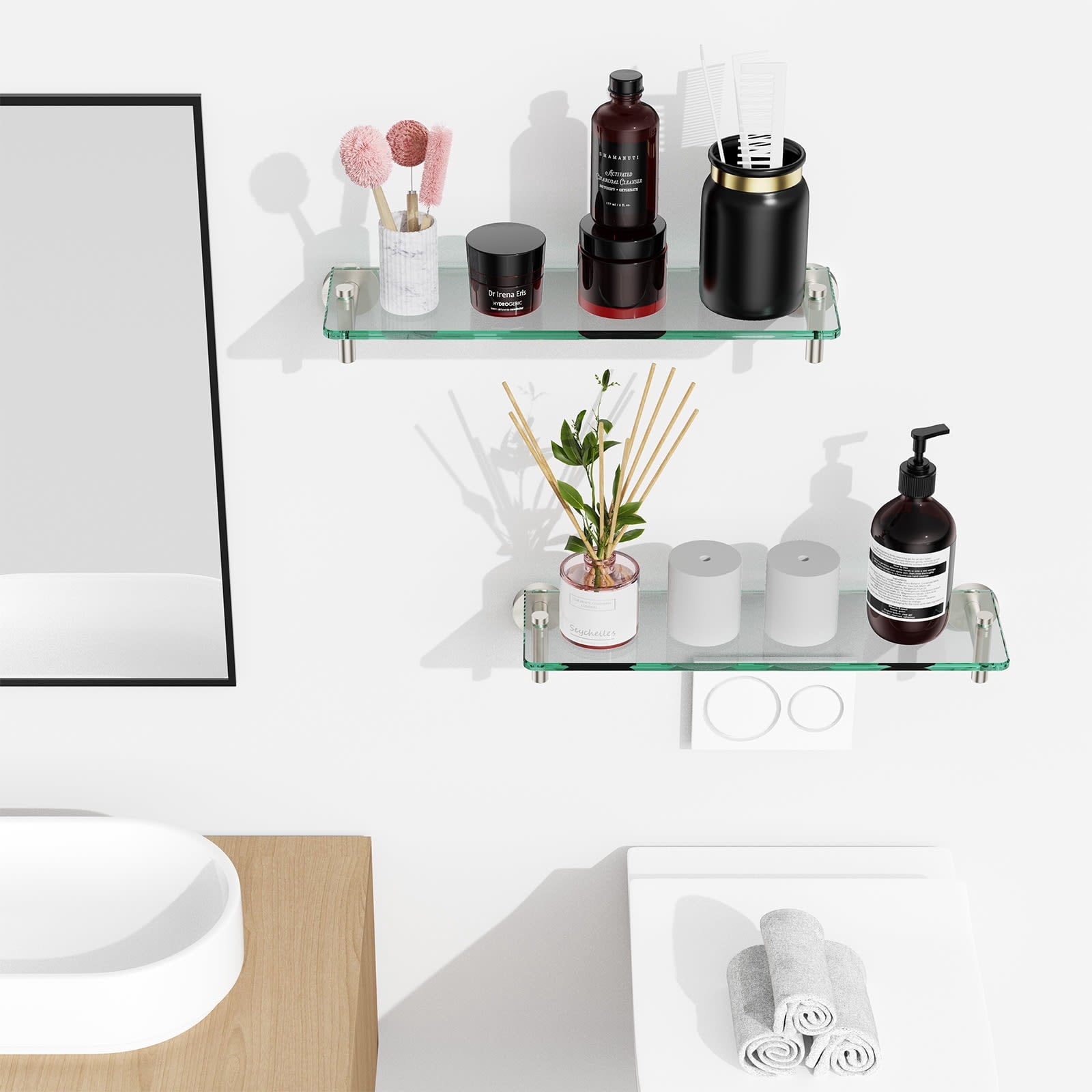 Woindo Bathroom Glass Shelf, Floating Tempered Glass Bathroom Wall Shelf Rectangle 16 Inch Shelves Brushed Nickel Bracket Mount Modern