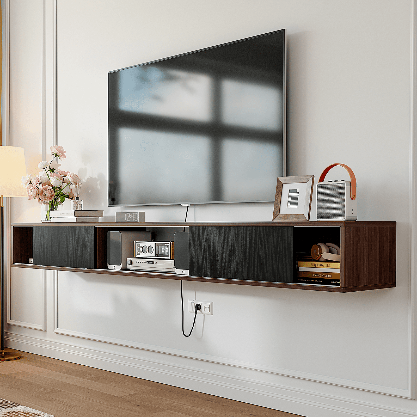 ​​FloatiCasa 78" Floating TV Stand Wall Mounted Floating TV Shelf for TVs up to 78" Entertainment Center with Sliding Doors & Cable Management