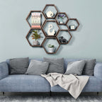 Hexagon Floating Shelves Set of 8 Honeycomb Shelves for Wall, Brown