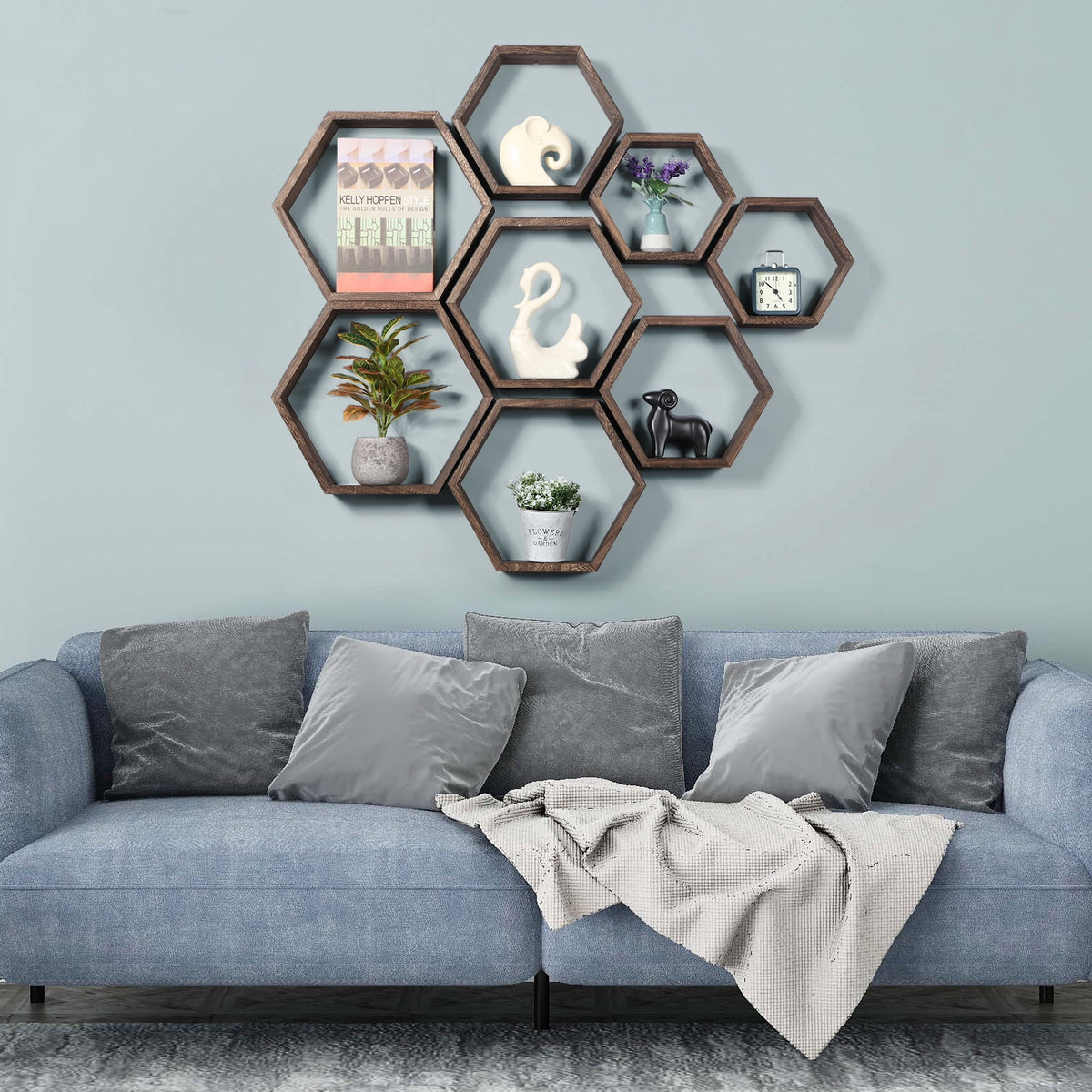 Hexagon Floating Shelves Set of 8 Honeycomb Shelves for Wall, Brown